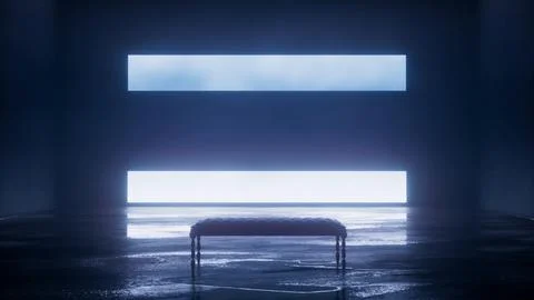 Two horizontal light bands on a screen above an empty bench Stock Illustration