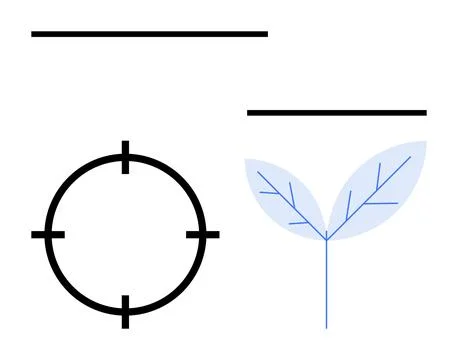 Two horizontal lines, a circular target with four markers, and blue leaf with Illustrazione stock