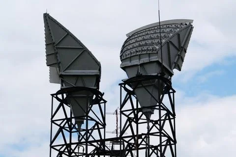 Two horn antennas of observatory, clouds background Foto stock