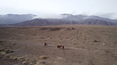 Two horseback riders in the mountains view from the top Stock Footage 236122718