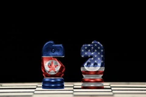 Two horses chess pieces with the flags of north korea union and united states Stock Illustration