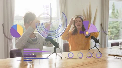 Two hosts checking headsets after left touch, donning and testing audio mics, Stock Footage 333369160