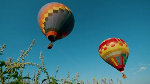 Two hot air balloons float over a tall grass field in the sky Stock Footage 267533627