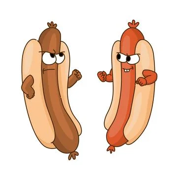 Two hot dogs with angry faces and angry expressions. Cute cartoon people Emotico Ilustração Stock