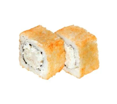 Two hot fried sushi rolls with cheese and chicken. Isolated on white backgrou Stock Photos