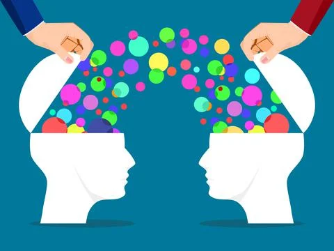 Two human beings are opened and multicolored thought bubbles. Exchange ideas. Illustrazione stock