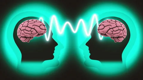 Two Human Brains Connected by Glowing Waveform Telepathy Concept Stock Footage 329375351