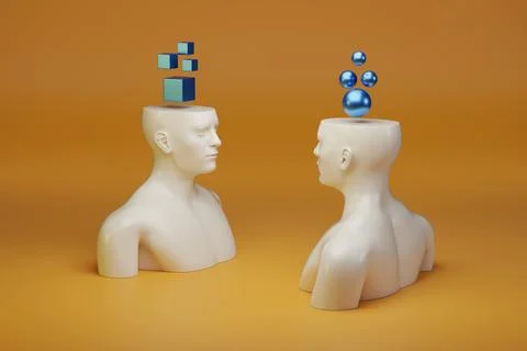 Two human figures facing each other with geometric bodies on their heads. T.. Stock Photos