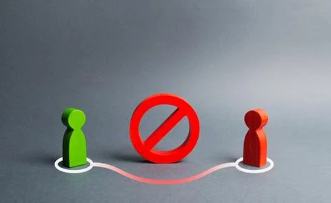 Two human figures form a link around the red NO sign. Bypassing prohibitions  Stock Photos