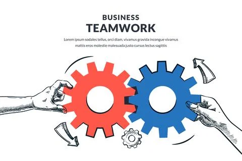 Two human hands connect multicolor mechanism cogwheels. Vector hand drawn ske Stock Illustration