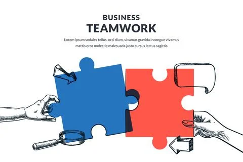 Two human hands connect multicolor puzzle pieces. Vector hand drawn sketch il イラスト素材