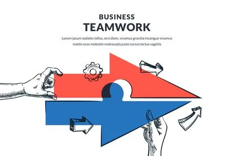 Two human hands connect multicolor arrow puzzle. Vector hand drawn sketch ill Stock Illustration