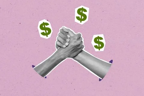 Two human hands with a gesture of a handshake agreement with dollar signs o.. 写真素材