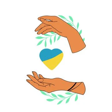 Two human hands holding the heart of Ukraine, blue and yellow colors flag Illustrazione stock