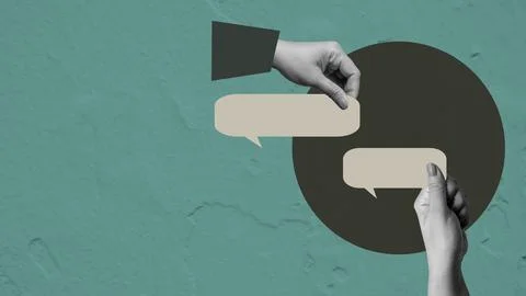 Two human hands holding a speech bubble with a colored background Stock Photos