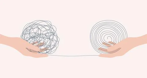 Two human hands holding tangled and untangled connected balls Stock Illustration