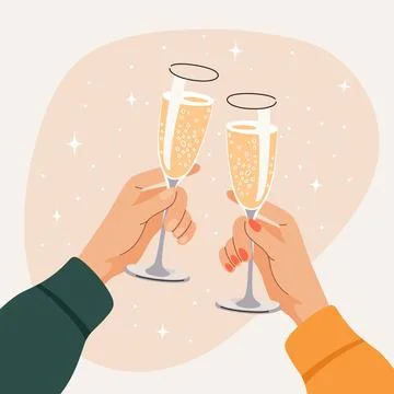 Two Human Hands - One Male and One Female - Clink Glasses of Sparkling Wine. Two Ilustração Stock