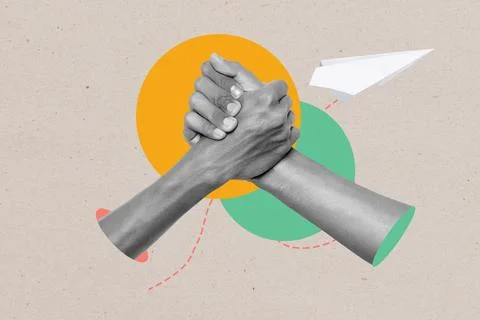 Two human hands with shaking hands gesture on a colored background Foto stock