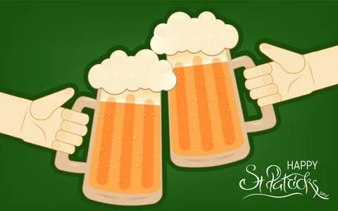 Two human hands toasting with beer mugs. St. Patrick s Day lettering Stock Illustration