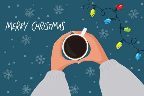 Two human hands with warm knitted sleeves holding cup of hot drink with Merry Stock Illustration