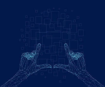 Two human hands. Wireframe glowing low poly hands. Design on dark blue Stock Illustration
