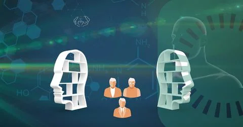 Two human head models and medical data processing against blue background Stock Illustration