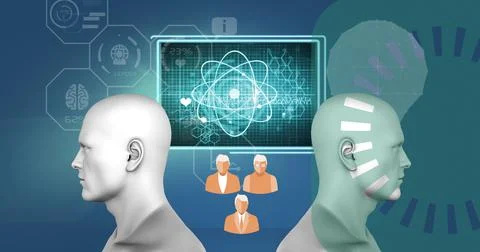 Two human head models and digital interface with medical data processing against Stock Illustration