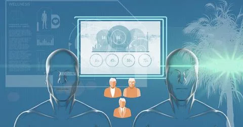 Two human head models and digital interface with medical data processing against Stock-Illustration