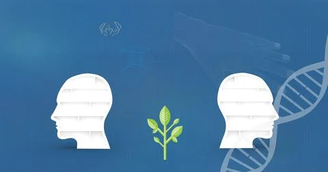Two human head models and plant icon against medical data processing on blue Stock-Illustration
