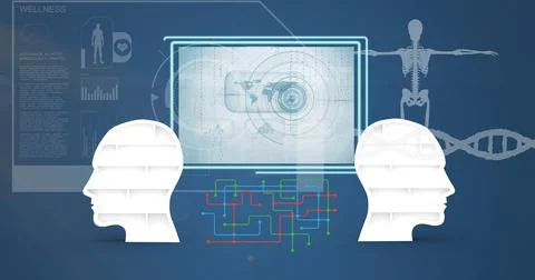 Two human head models and digital interface with medical data processing against Stock Illustration