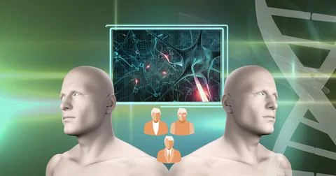 Two human head models and digital interface with medical data processing against Stock-Illustration