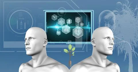 Two human head models and digital interface with medical data processing against Stock Illustration