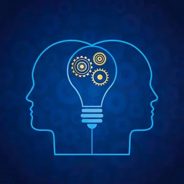Two human head outlines with lightbulb and gears inside Stock Illustration