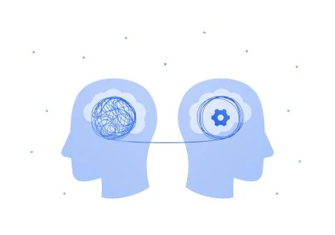 Two human head patient with tangled thread and psychologist sign Stock Illustration
