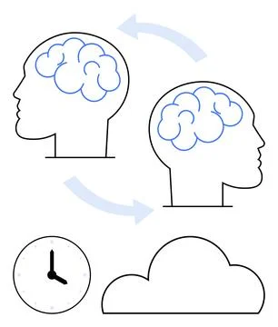 Two human head silhouettes with brain illustrations, clock, and cloud symboli Stock Illustration