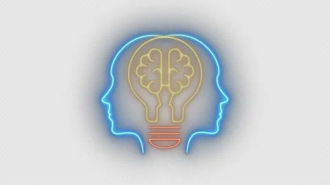Two human heads, between sharing a glowing human brain inside with light bulb 스톡 동영상 274139172