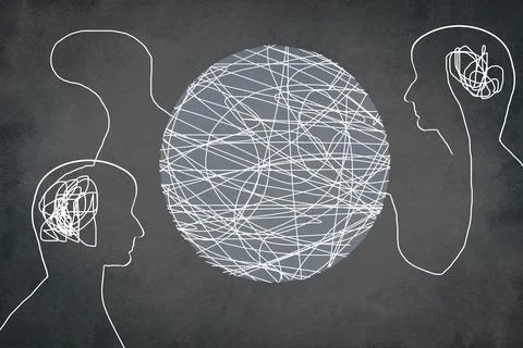 Two human heads connected to lines in a circle Stock Illustration