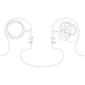 Two human heads with opposite thinking. The concept of chaos and order in Stock Illustration