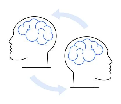 Two human heads outlined with brains inside, connected by bidirectional arrow Stock Illustration