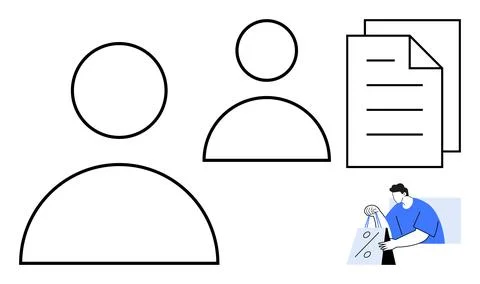 Two human icons, stack of documents, and shopping man with bags. Ideal for bu 스톡 일러스트