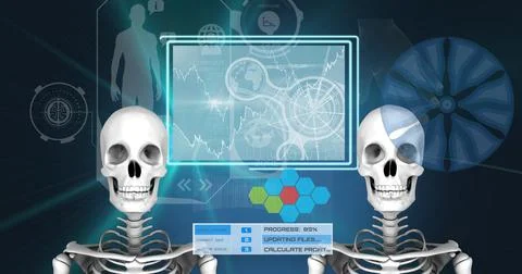 Two human skeleton models and digital interface with medical data processing Stock Illustration