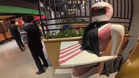 Two humanoid robots, a new attraction for a Karachi restaurant, KARACHI, PK - 30 Vídeo Stock 344059923