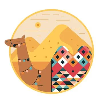 Two Humped Decorated Camel Walking in Desert Stock Illustration