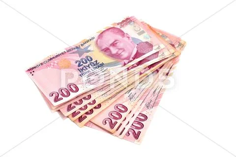 Two hundred Turkish Lira on a white background Stock Photos