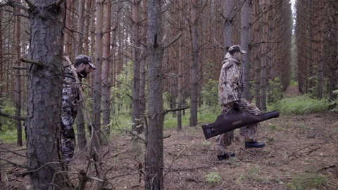 Two hunter men in camouflage clothes with guns walking through forest during Stock Footage