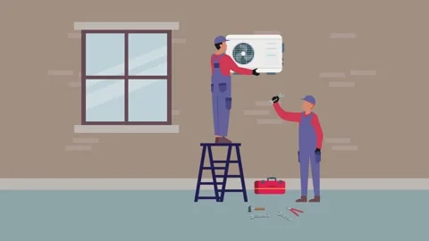 Two HVAC Technicians Installing Air Conditioning Unit on Ladder cartoon ani.. Stock Footage 302533392