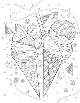 Two Ice Cream Cones With Background Of Falling Frost And Chocolate Chips Line 스톡 일러스트