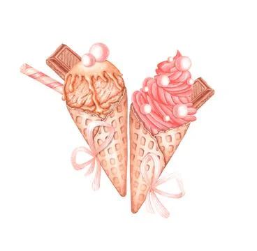 Two ice cream cones chocolate waffle candy bows Illustrazione stock