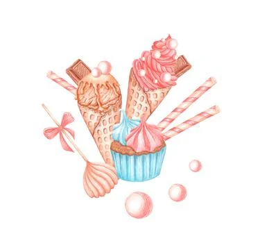 Two ice creams cupcake and candies Stock Illustration