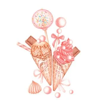 Two ice creams lollipops marshmallows watercolor Illustrazione stock
